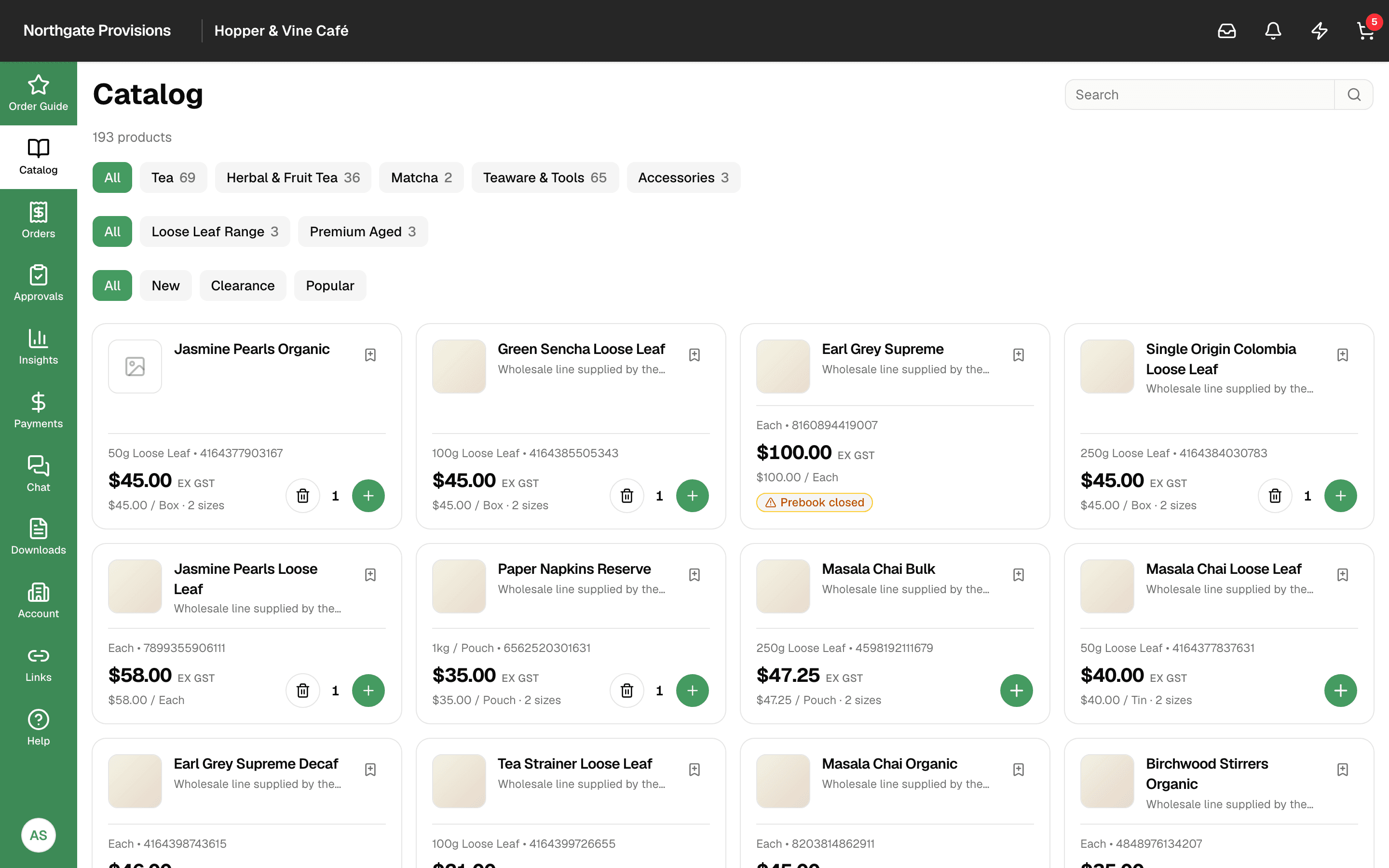 The Carrot catalogue browser showing the full product range with category filters and search.