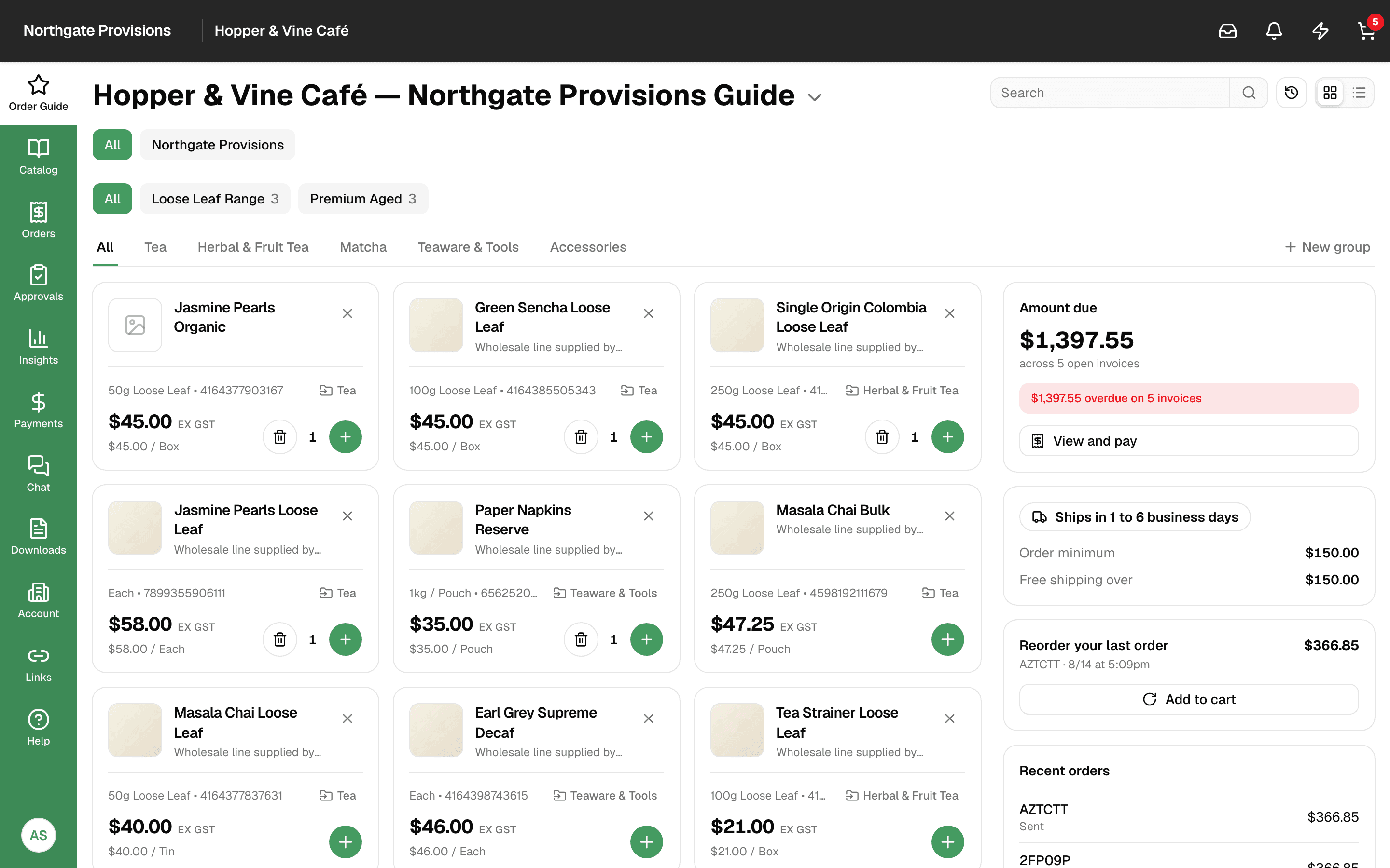 The Carrot buyer storefront showing an account's order guide: product groups, per-unit pricing, quantity steppers, and a side panel with amount due, delivery cut-off and a one-click reorder.