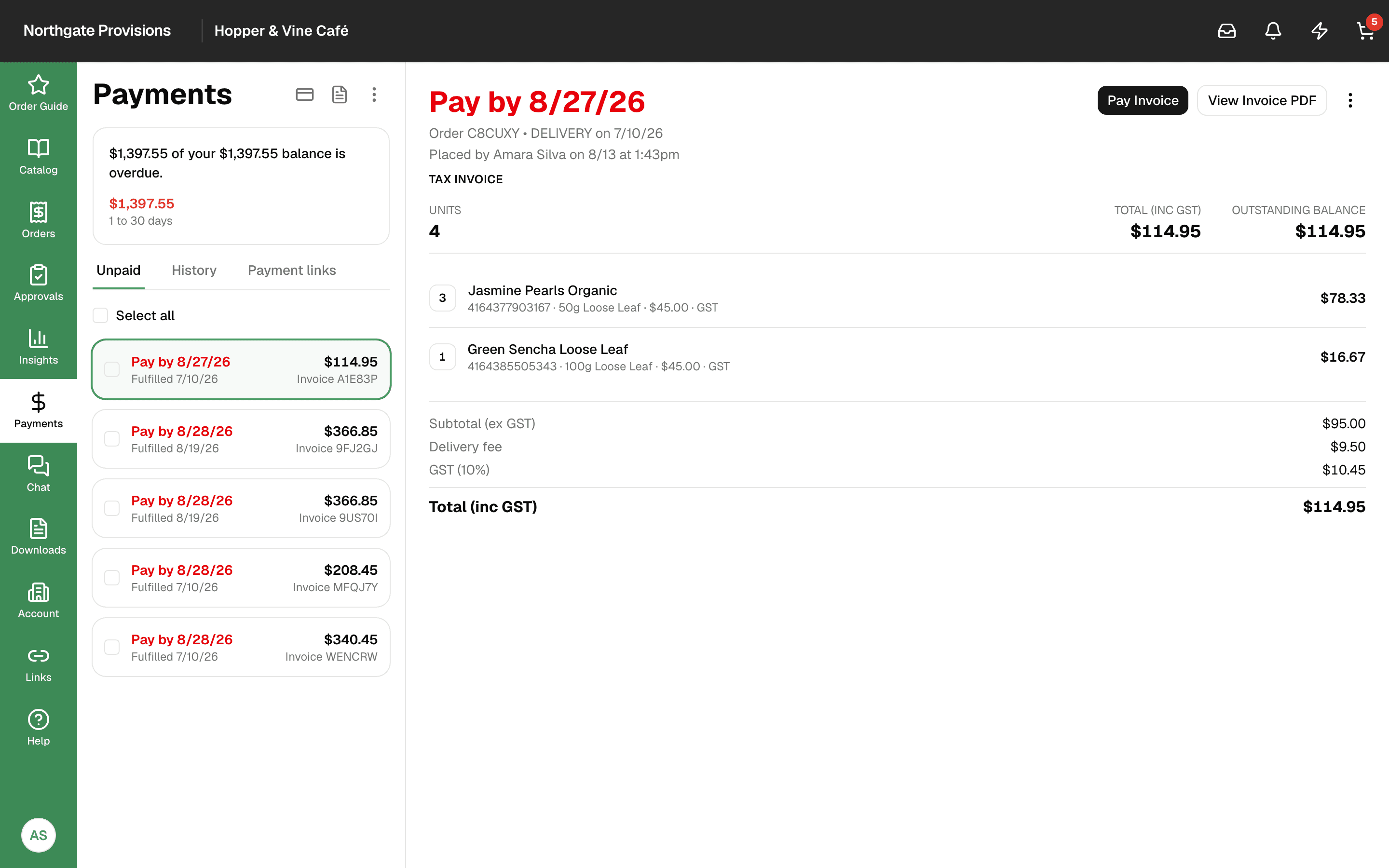 The Carrot payments screen showing outstanding invoices, amounts due and payment options.
